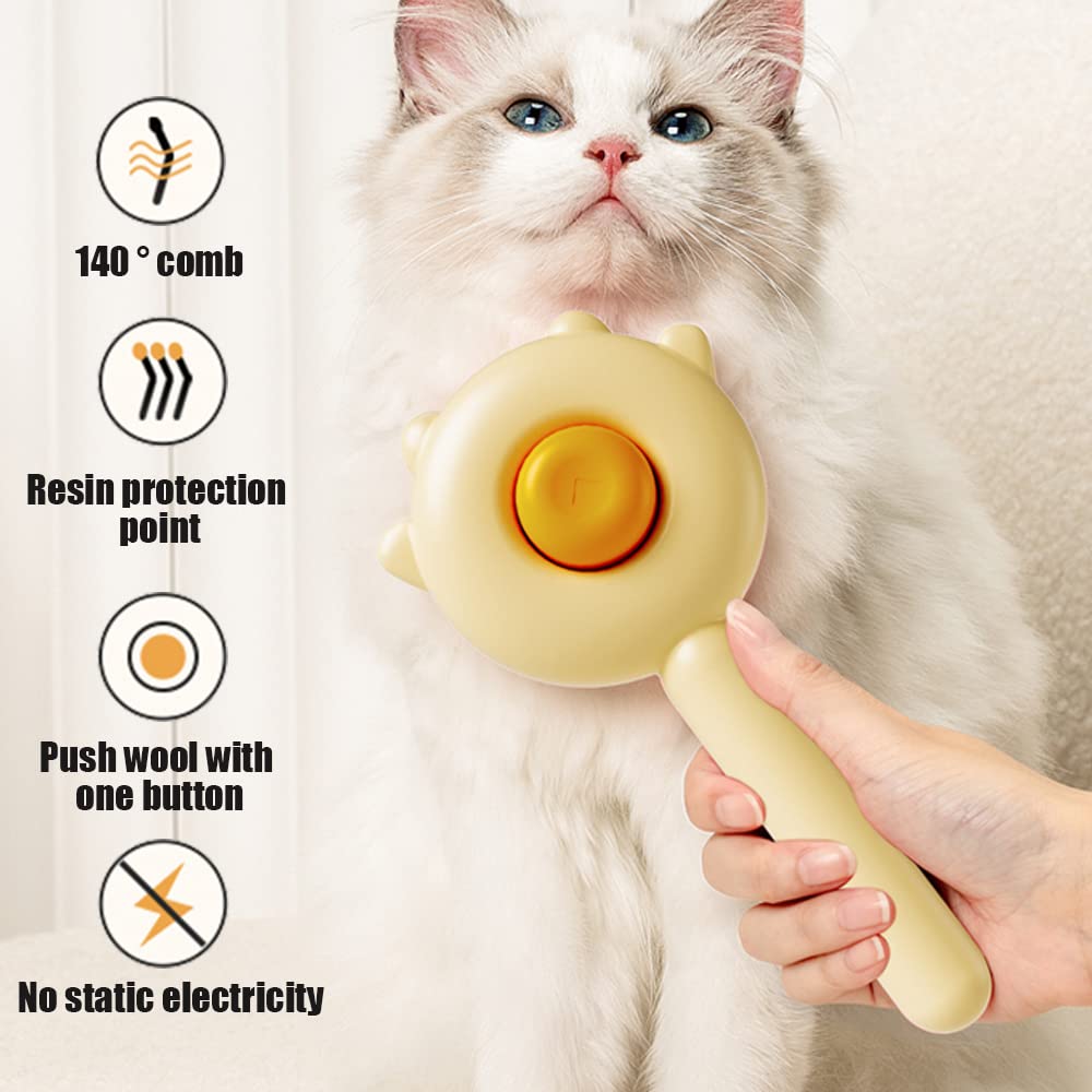Sunflower-shaped round self-cleaning pet hair removal brush with one-button release, cream yellow