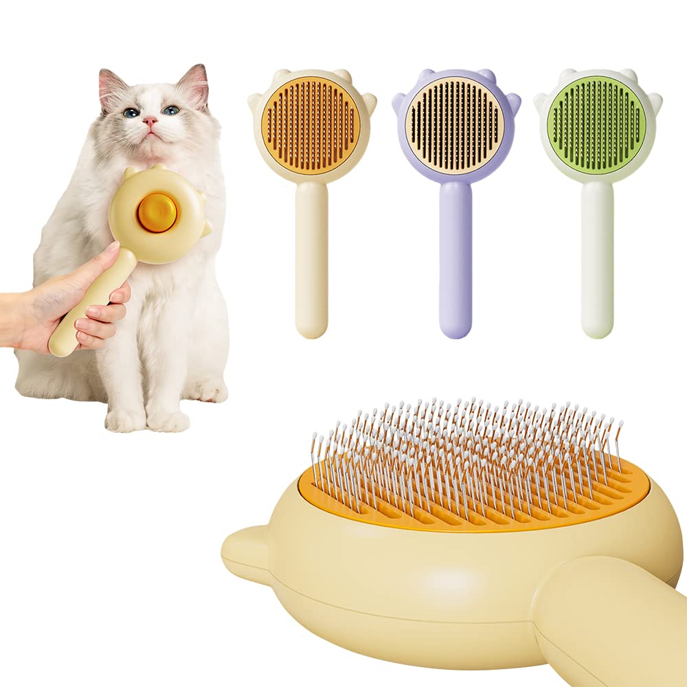 Round self-cleaning brush with 140-degree curved comb teeth grooming a fluffy cat
