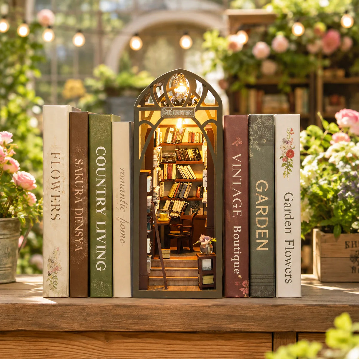 Library Miniature Book Nook Kit with Warm LED — DIY Bookshelf Insert Diorama