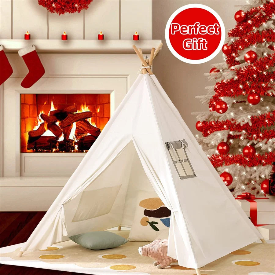 Kids Teepee Tent - Cotton Canvas Play Tent for Boys & Girls Indoor Outdoor Playhouse