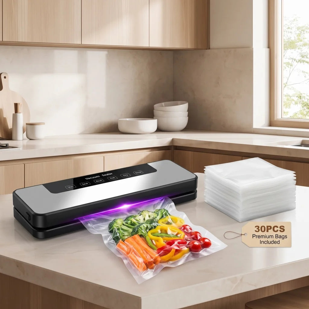 Vacuum Sealer Machine US Plug 110V Automatic Vacuum Sealing Machine With Purple Light Sterilization Dry Wet Oil Powder Food Sealer 30cm Sealing Width With External Pump Tube Comes With 30Pcs 20x30cm Textured Bags for Food Pre