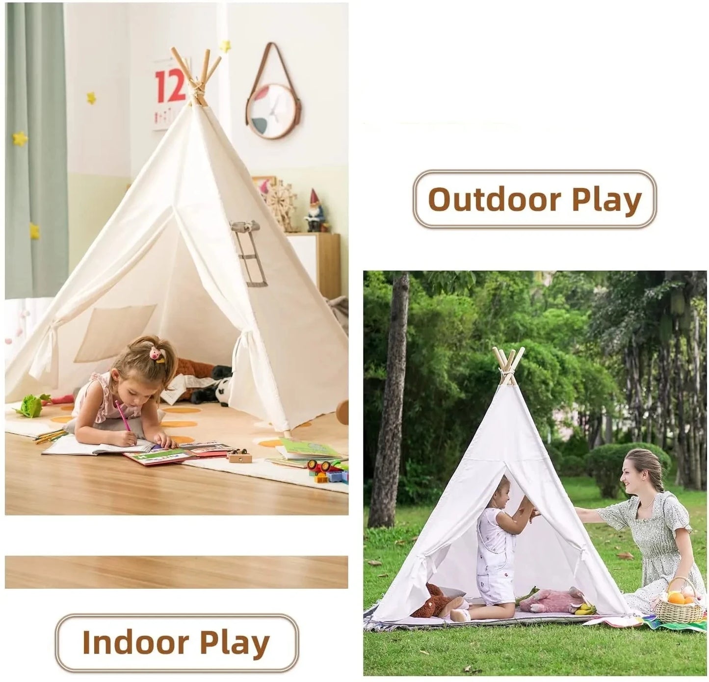 Kids Teepee Tent - Cotton Canvas Play Tent for Boys & Girls Indoor Outdoor Playhouse