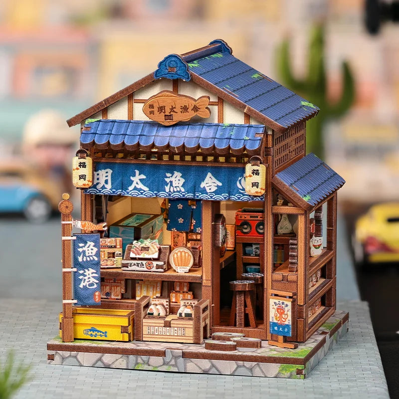 Fukuoka Fish Market book nook kit with blue noren curtains and harbor storefront