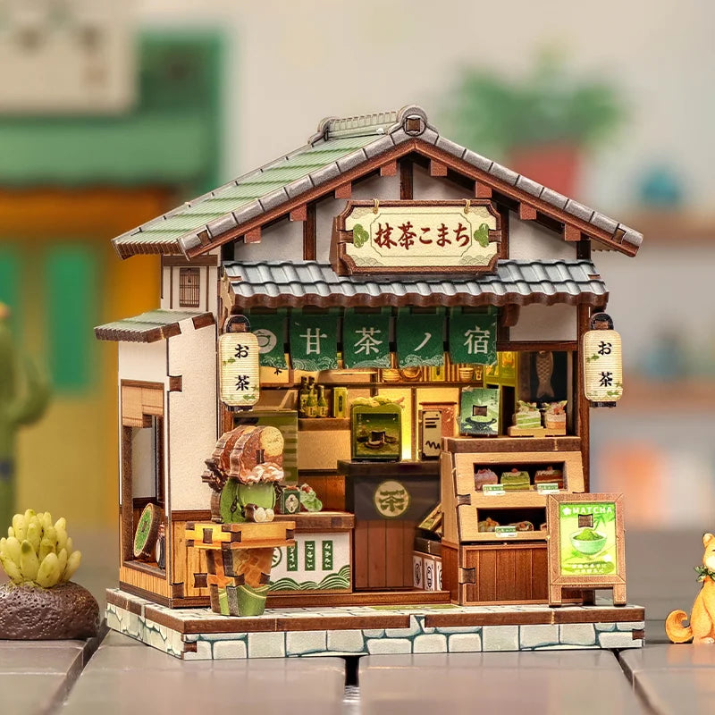 Matcha Sweets House book nook kit with green roof and tea shop details