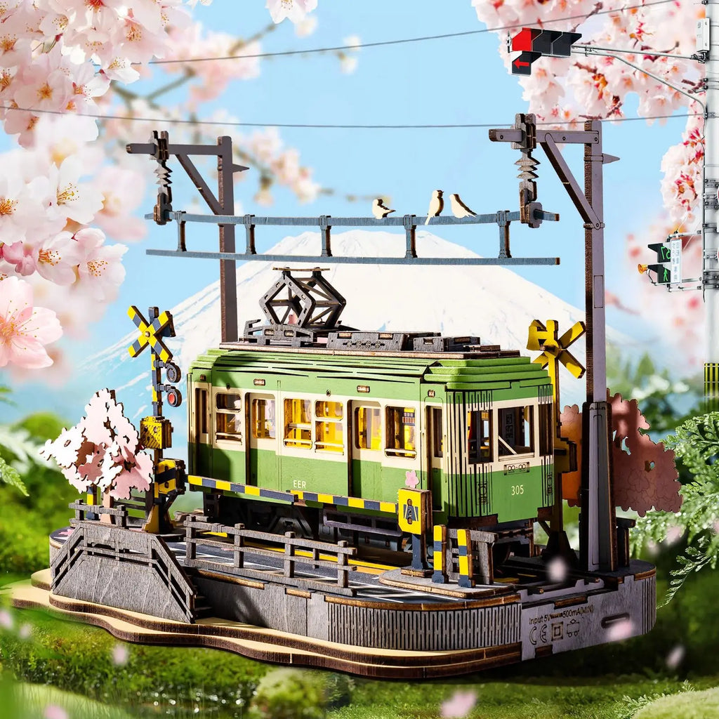 Sakura Journey Tram DIY wooden 3D puzzle kit with LED lights and cherry blossom scene