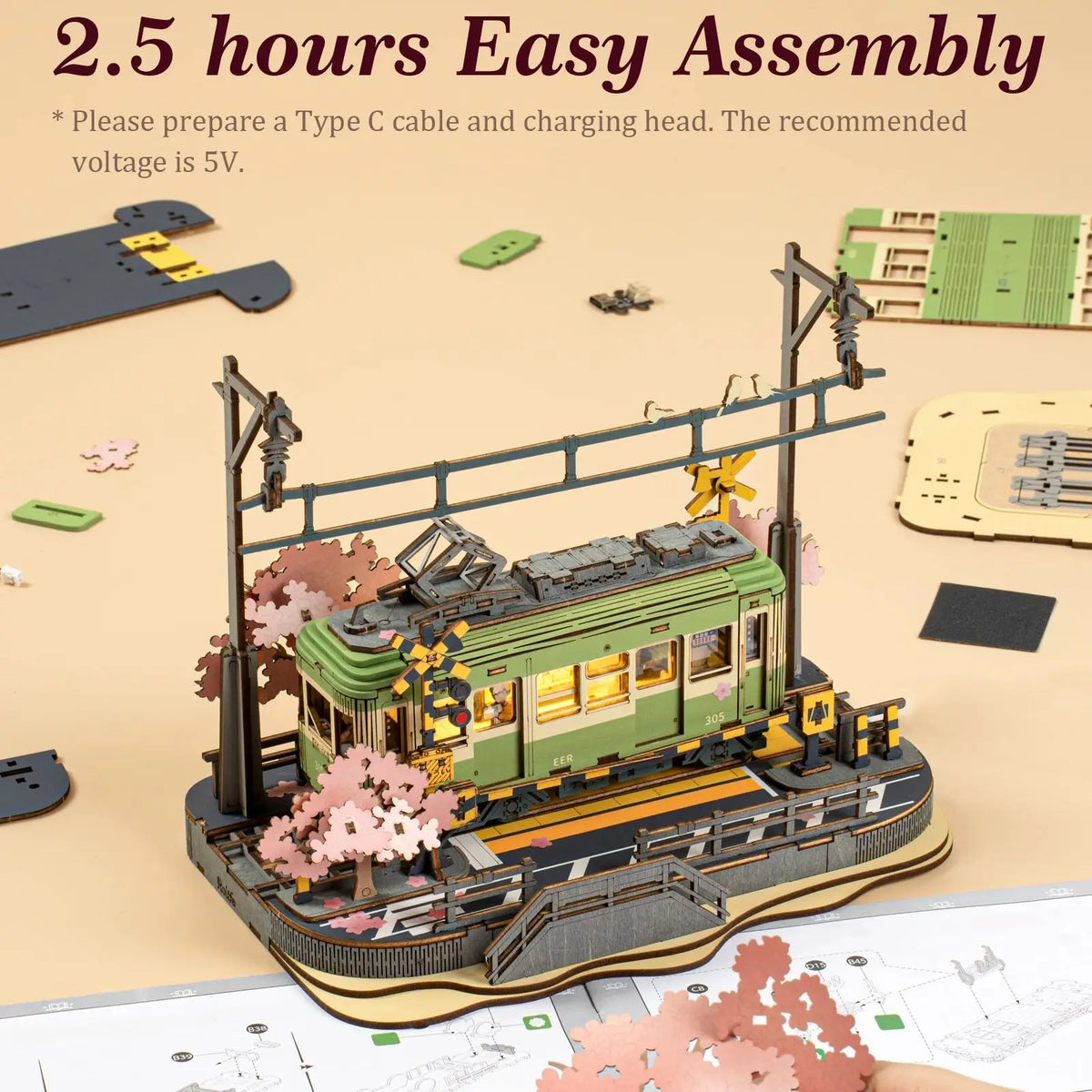 Sakura Journey Tram kit packaging with 223 wooden pieces