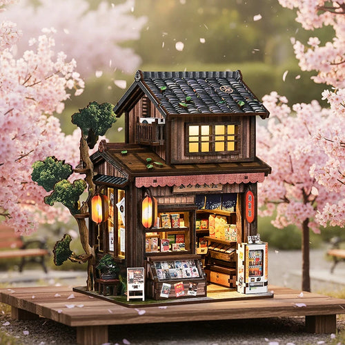 Japanese grocery store book nook kit glowing under cherry blossoms - finished zakoya diorama