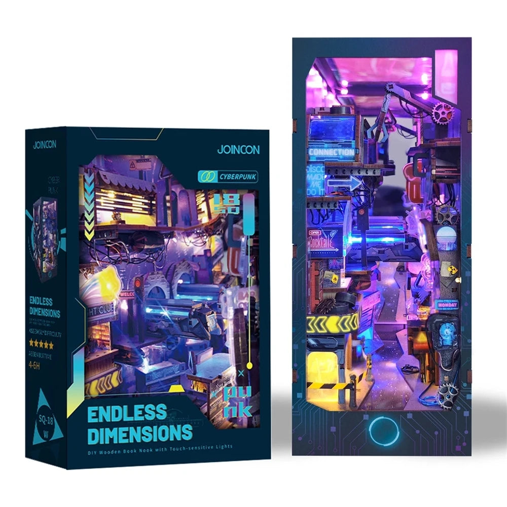 Cyberpunk Endless Dimensions DIY Wooden Book Nook Figurines Miniature Kits Bookshelf Home Bookend Decoration Adult Handmade Gift