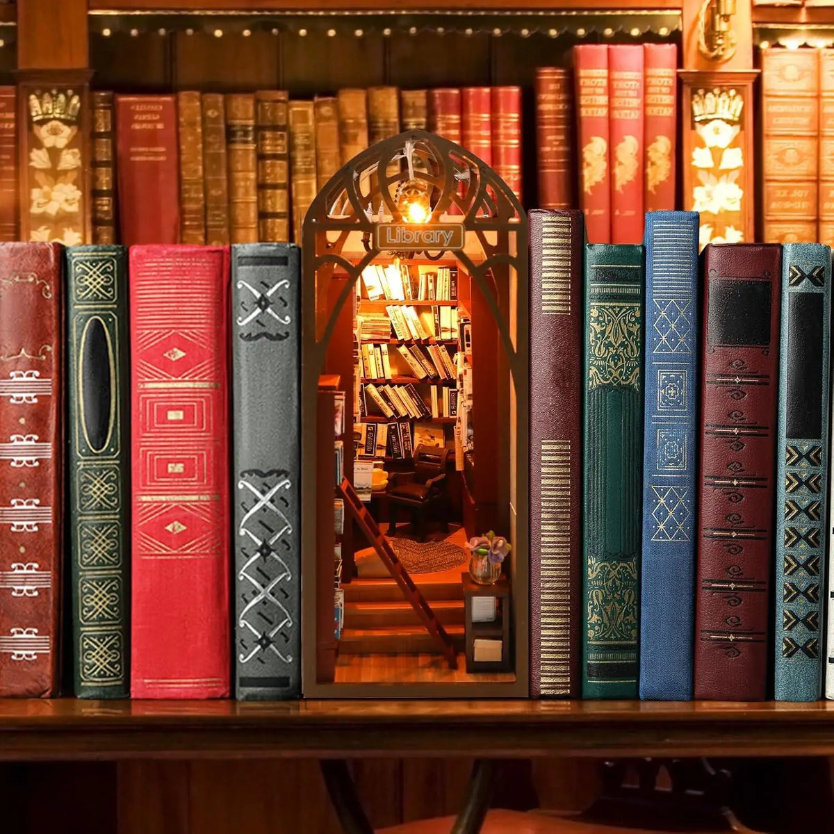 Library Miniature Book Nook Kit with Warm LED — DIY Bookshelf Insert Diorama