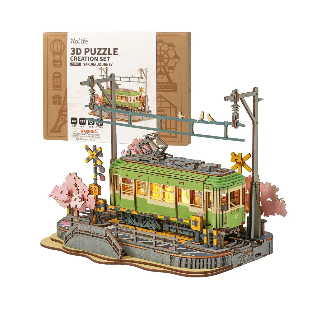 Wooden puzzle pieces of Sakura Journey Tram before assembly