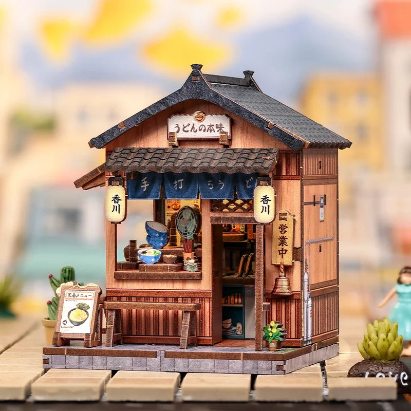 Kagawa Udon Noodle Bar book nook kit with wooden facade and lantern signs