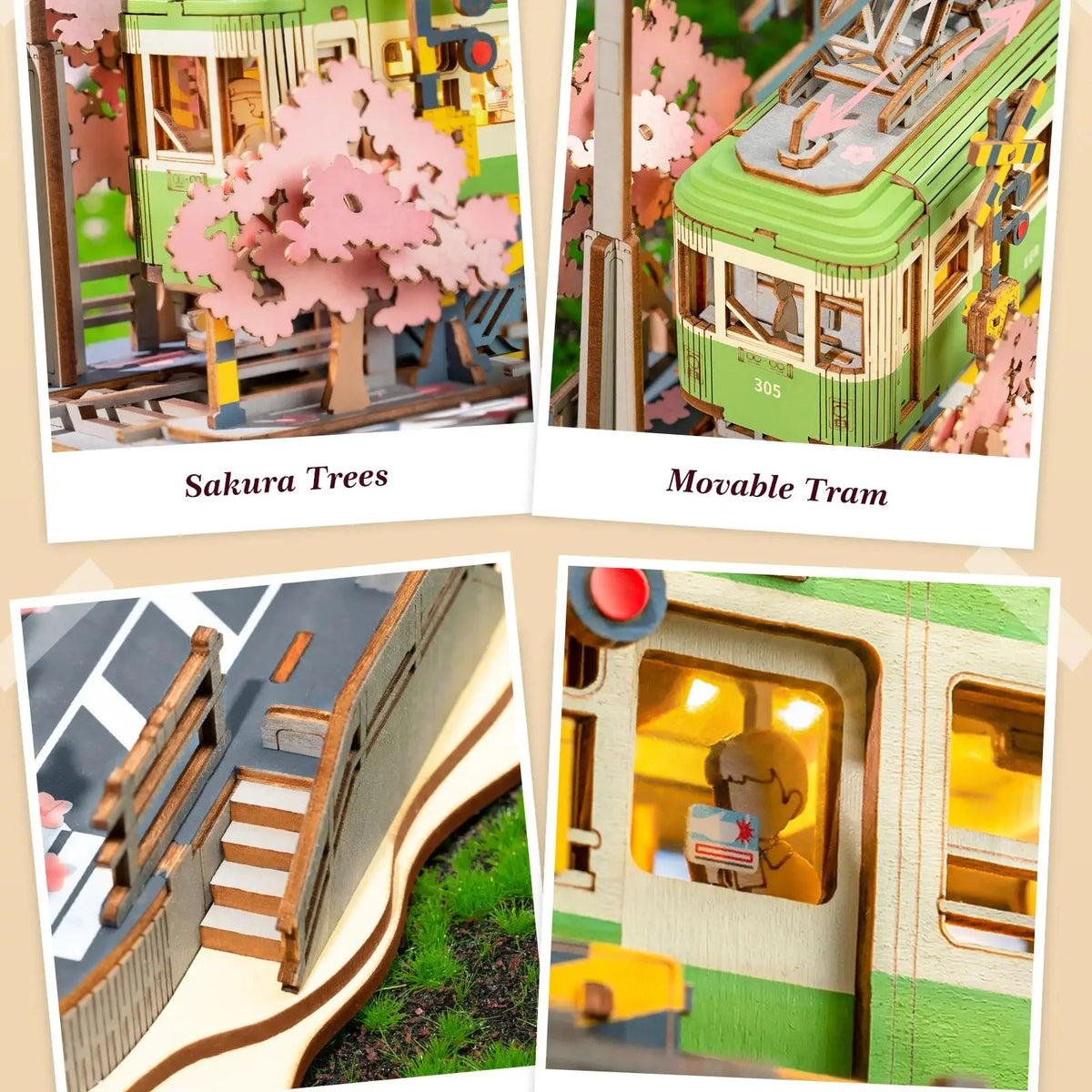 Sakura Journey Tram finished model on bookshelf display