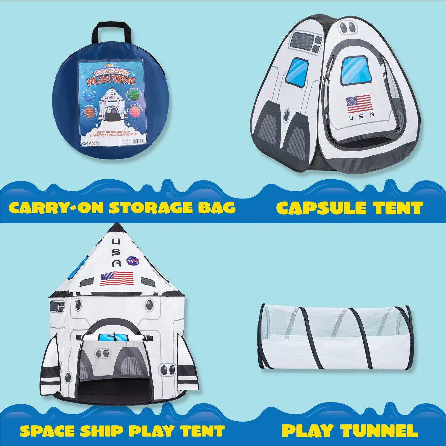Rocket Ship Play Tents Set Pop up Play house with Tunnel 3-Piece Play Tent for Kids Pretend Play Birthday Gift