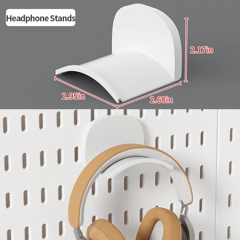 White curved headphone holder for pegboard, 2.95 in wide, shown installed on a white pegboard
