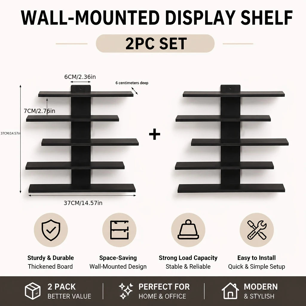 Black two-pack zigzag floating wall shelf units on a wall