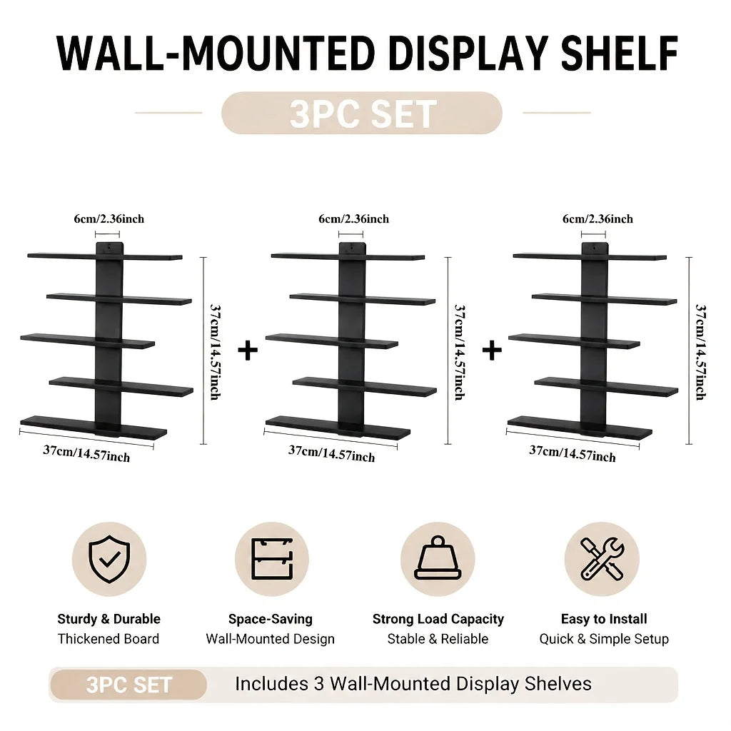 Black three-pack zigzag floating wall shelf units