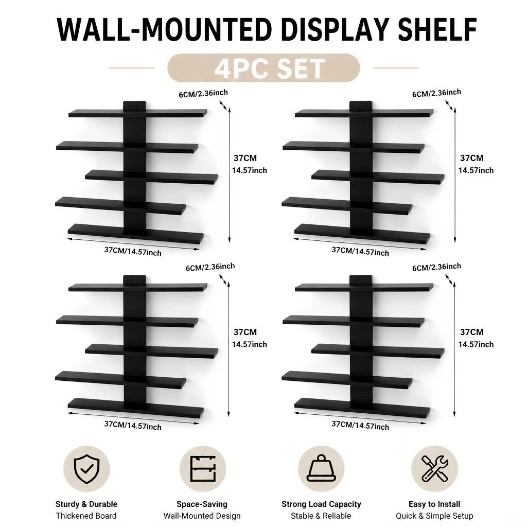 Black four-pack zigzag floating wall shelf units with 37 cm dimension annotations