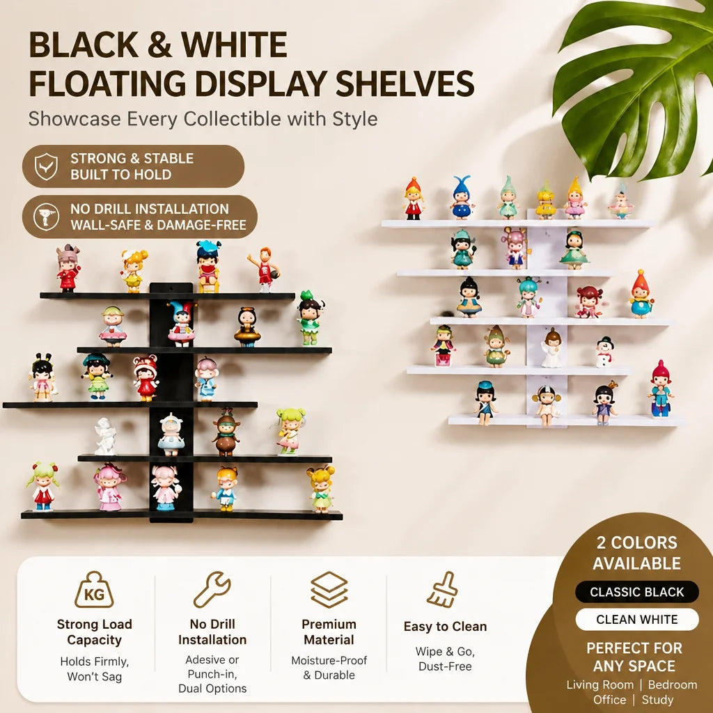Black and white zigzag floating wall shelves displaying collectible figurines in a living room