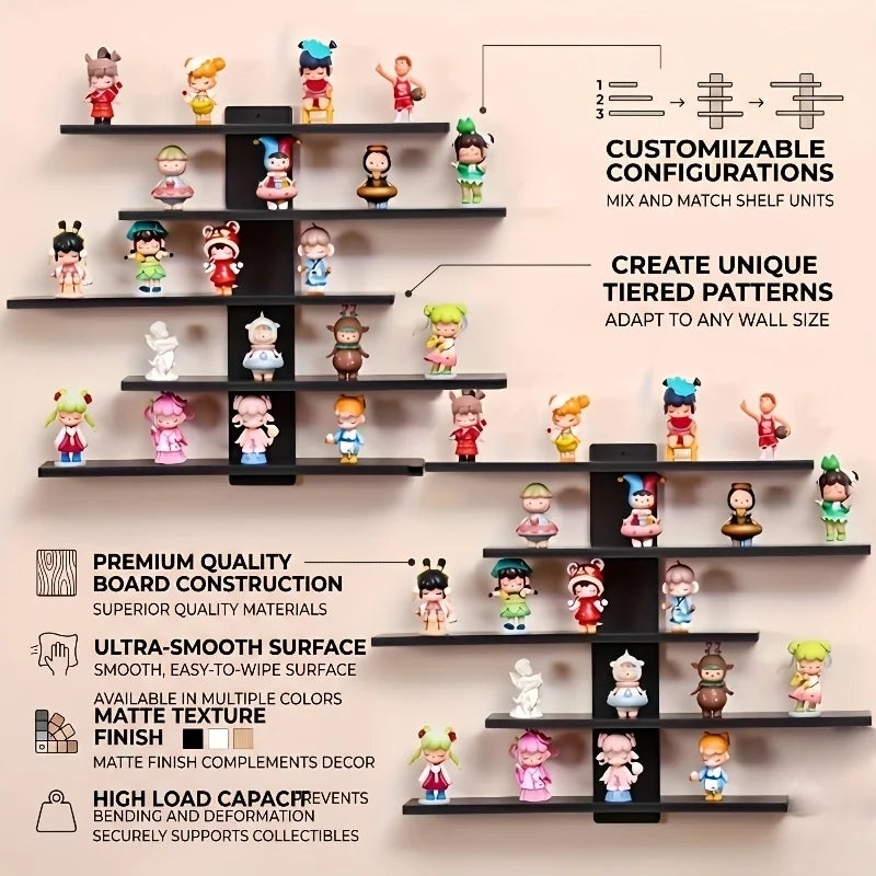 Two black zigzag wall display shelves with collectible vinyl figures and feature callouts
