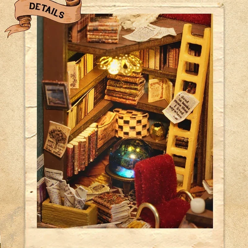 Miniature book room interior with red chair