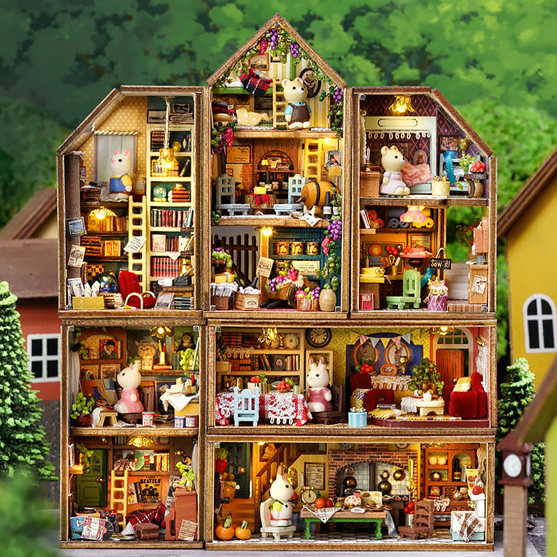 DIY miniature dollhouse 3D wooden puzzle full set overview with multiple house models