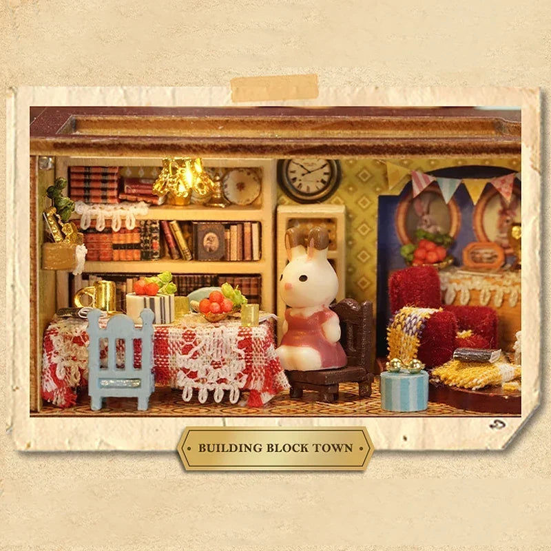 Furnished miniature living room with wall clock and bunny figure