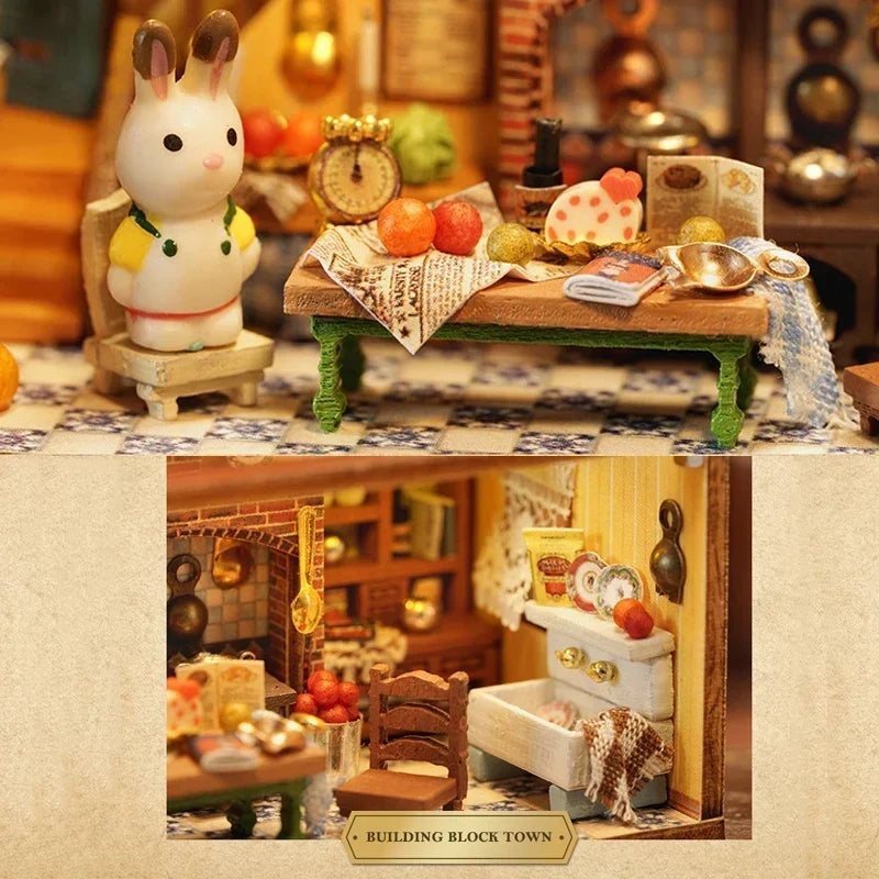 Rabbit figure at miniature dining table scene