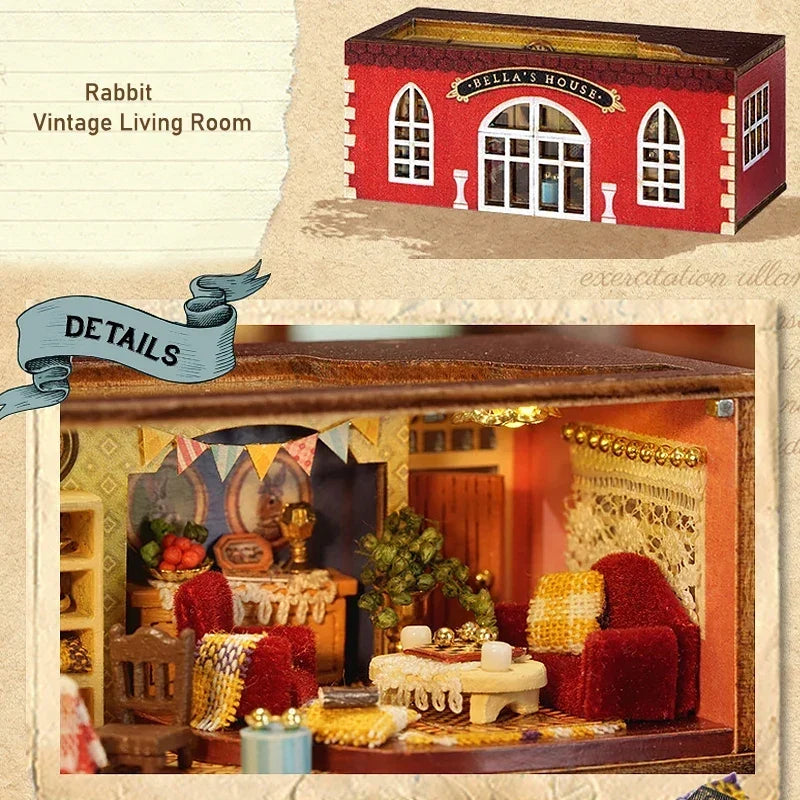 Rabbit figure in vintage living room scene details