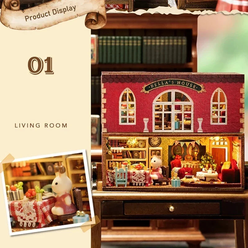 Red Bella's House miniature with living room scene and rabbit figure