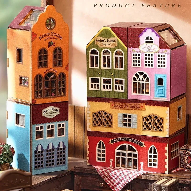 Stacked colorful miniature houses product feature