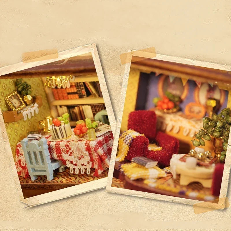 Vintage room interior with red sofa and plaid tablecloth