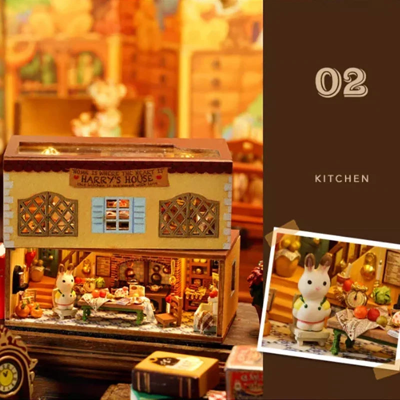 Yellow Harry's House miniature with kitchen scene display