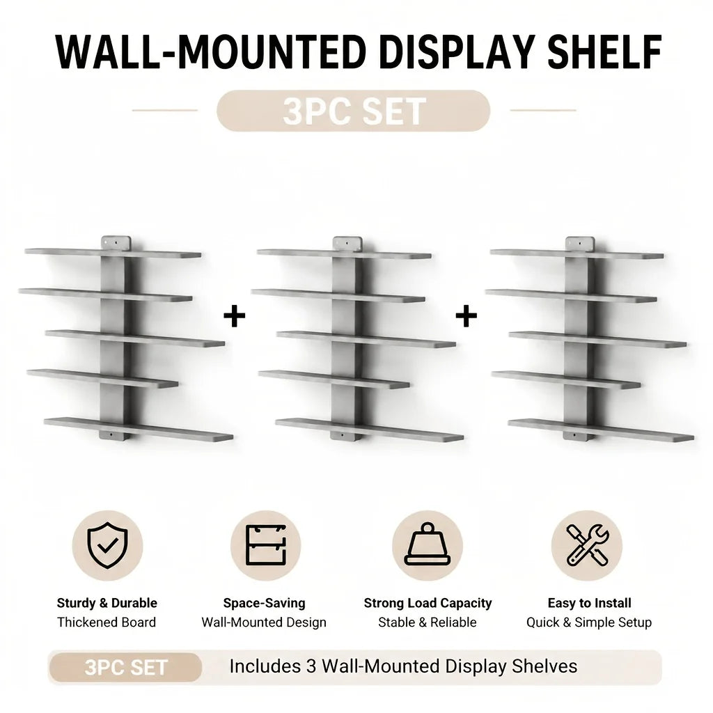 Gray three-pack zigzag floating wall shelf units