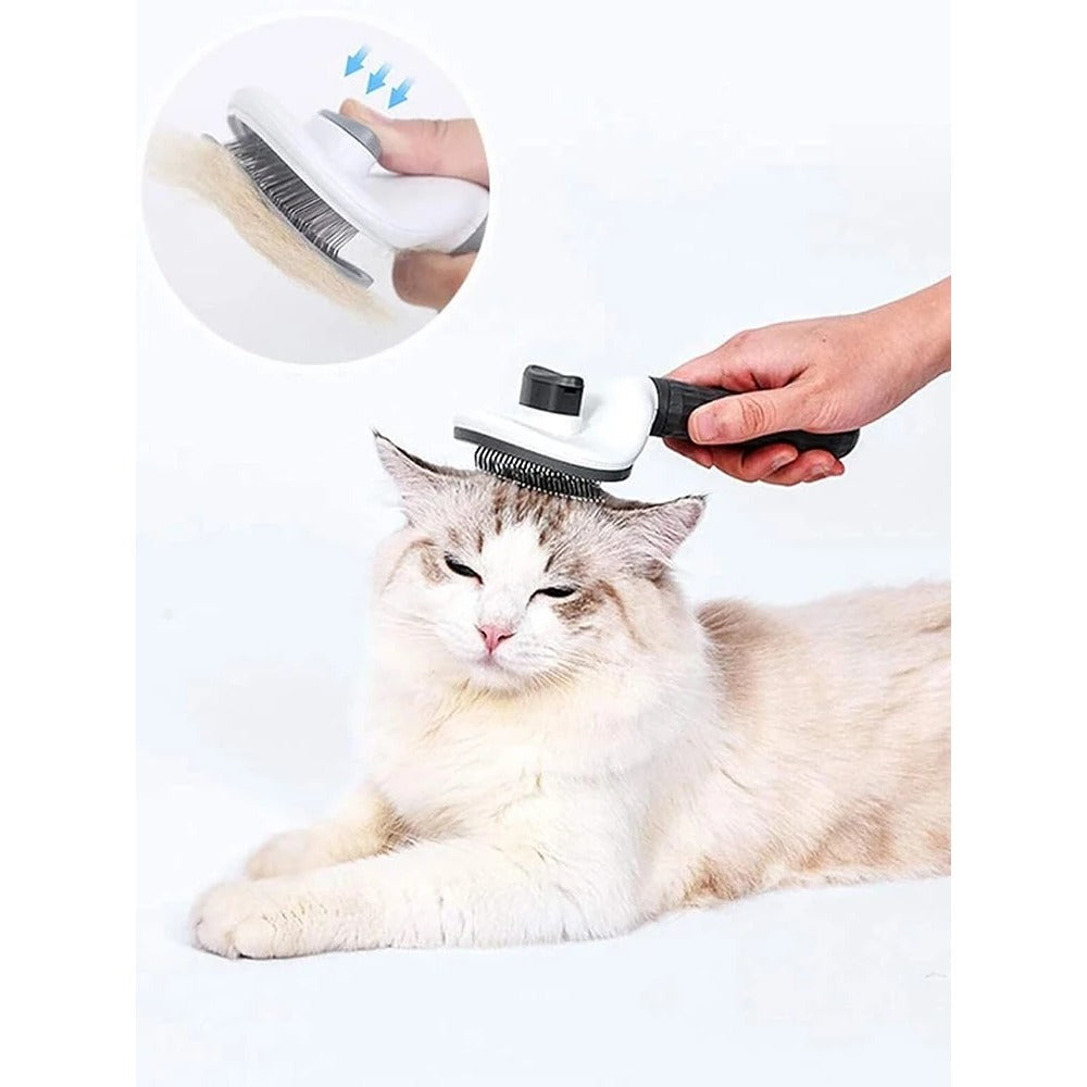 Long-haired cat being groomed with the self-cleaning slicker brush