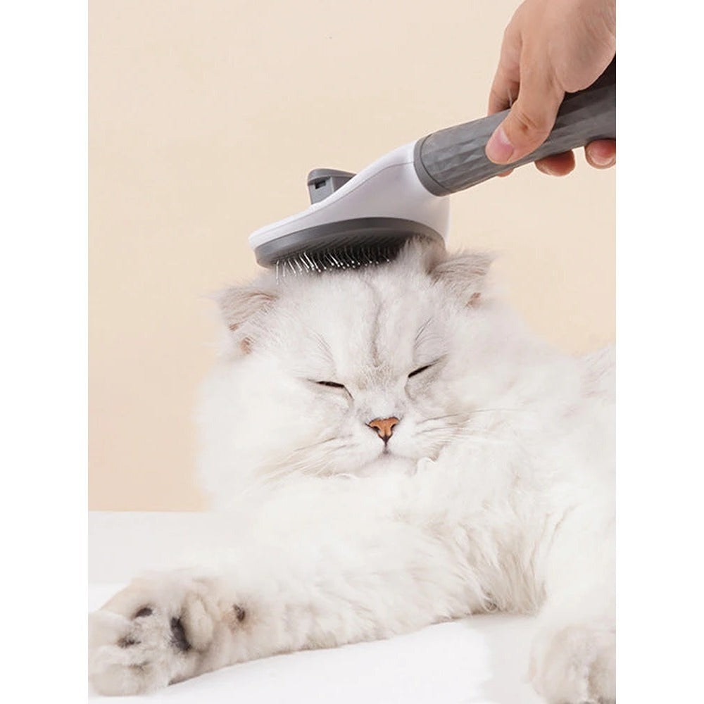 Fluffy white cat enjoying a grooming session with the slicker brush