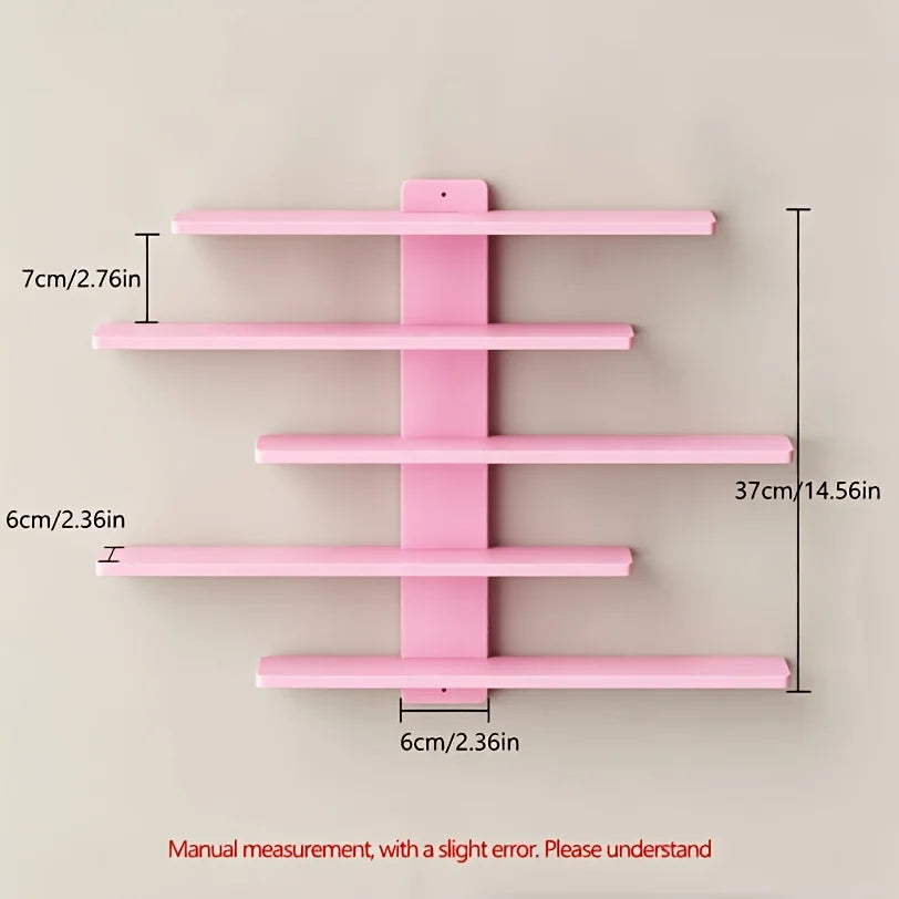 Pink single zigzag floating wall shelf unit with 37 cm dimension annotations
