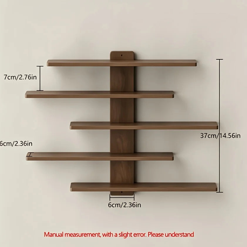 Walnut single zigzag floating wall shelf unit with 37 cm dimension annotations