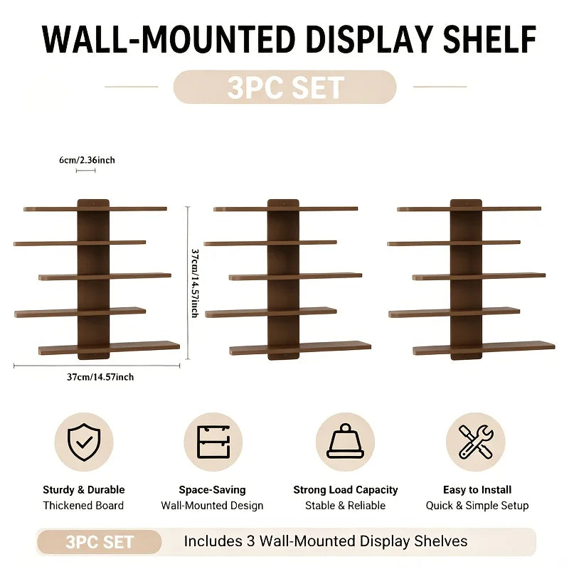 Walnut three-pack zigzag floating wall shelf units