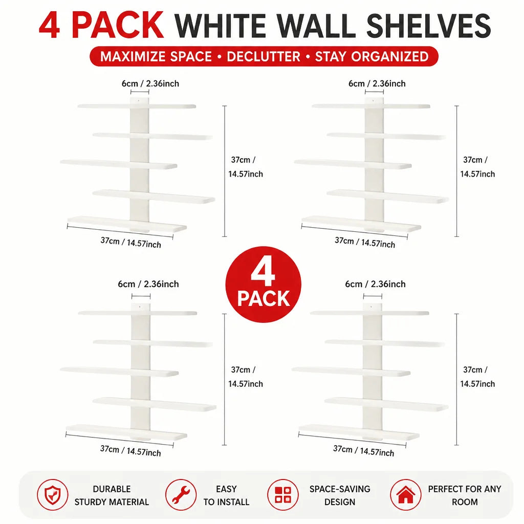 White four-pack zigzag floating wall shelf units