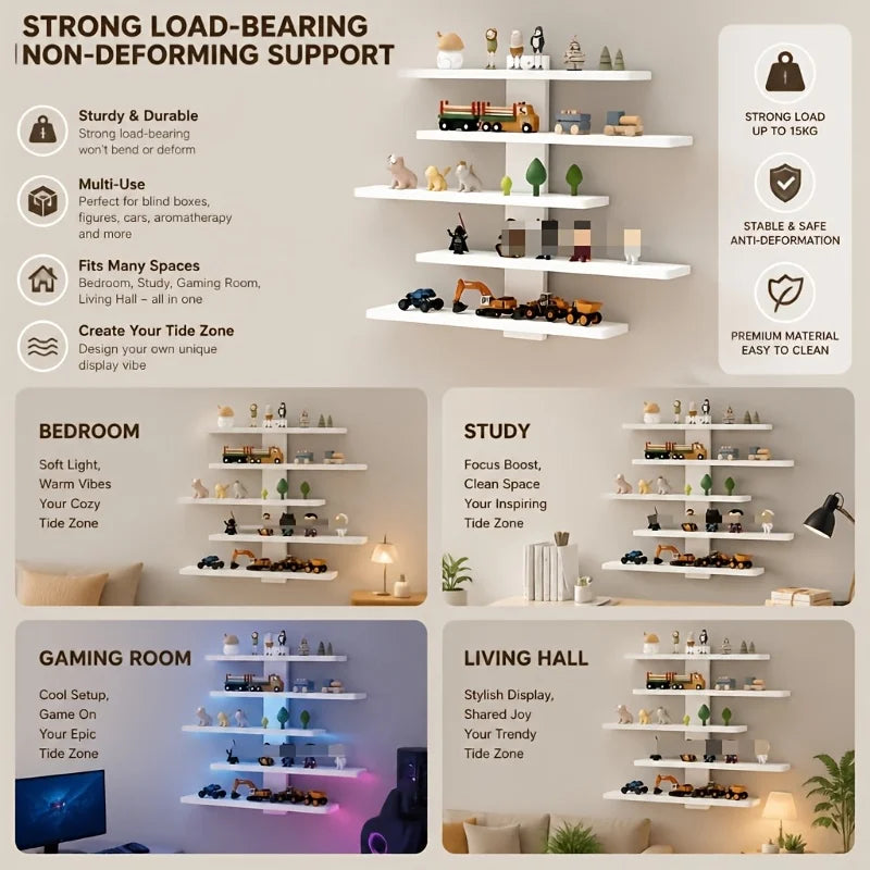 White zigzag wall shelf holding up to 15 kg with bedroom, study, gaming and living room scene examples